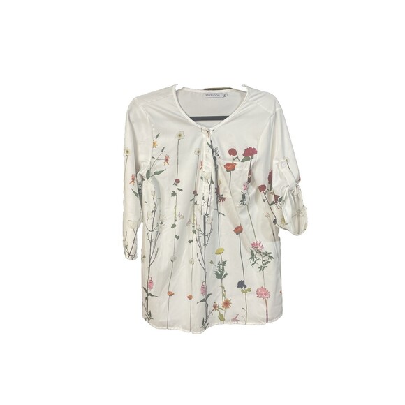 Misslook Women’s Medium‎ White Floral 3/4 Roll Tab Sleeve Blouse Top Summer - Picture 1 of 2
